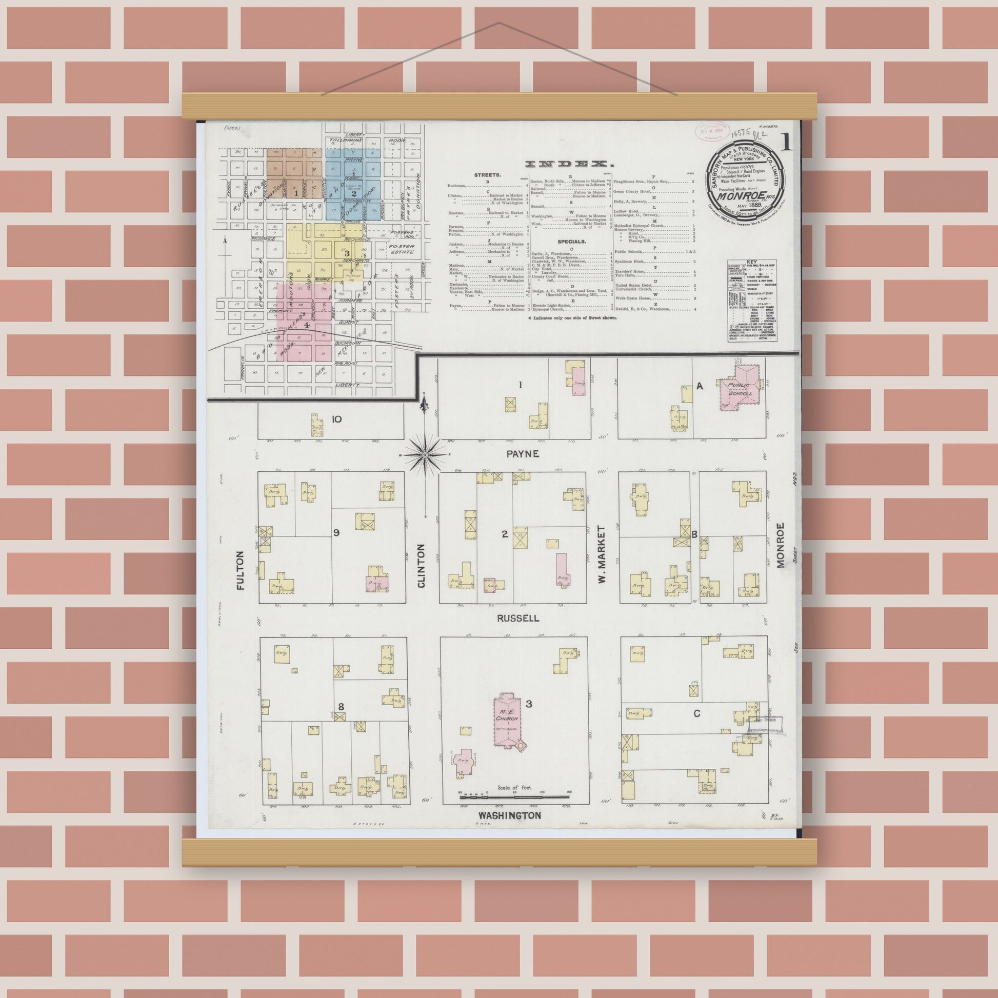 Old map wall art mockup — magnetic wood frame on brick wall — Sanborn Fire Insurance Map from Monroe, Green County, Wisconsin (1889) - Complete Map Set