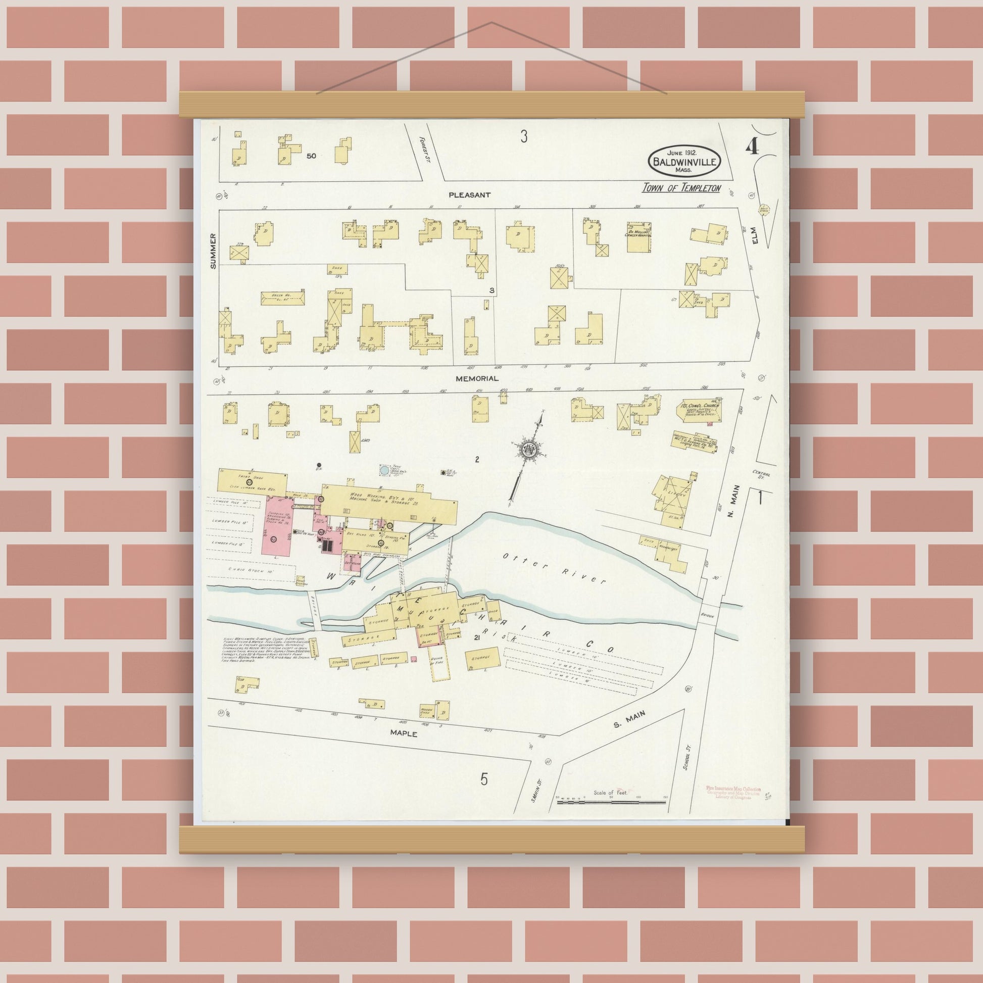 Old map wall art mockup — magnetic wood frame on brick wall — Sanborn Fire Insurance Map from Baldwinville, Worcester County, Massachusetts (1912), Sheet #0004