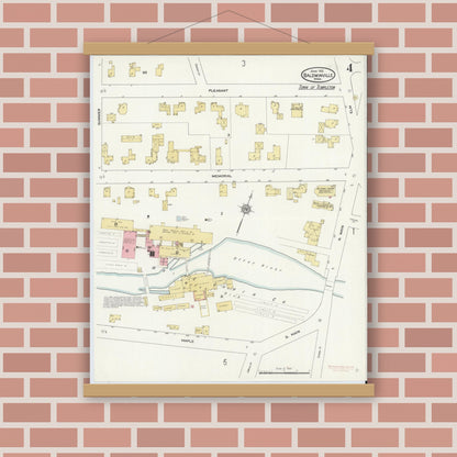 Old map wall art mockup — magnetic wood frame on brick wall — Sanborn Fire Insurance Map from Baldwinville, Worcester County, Massachusetts (1912), Sheet #0004