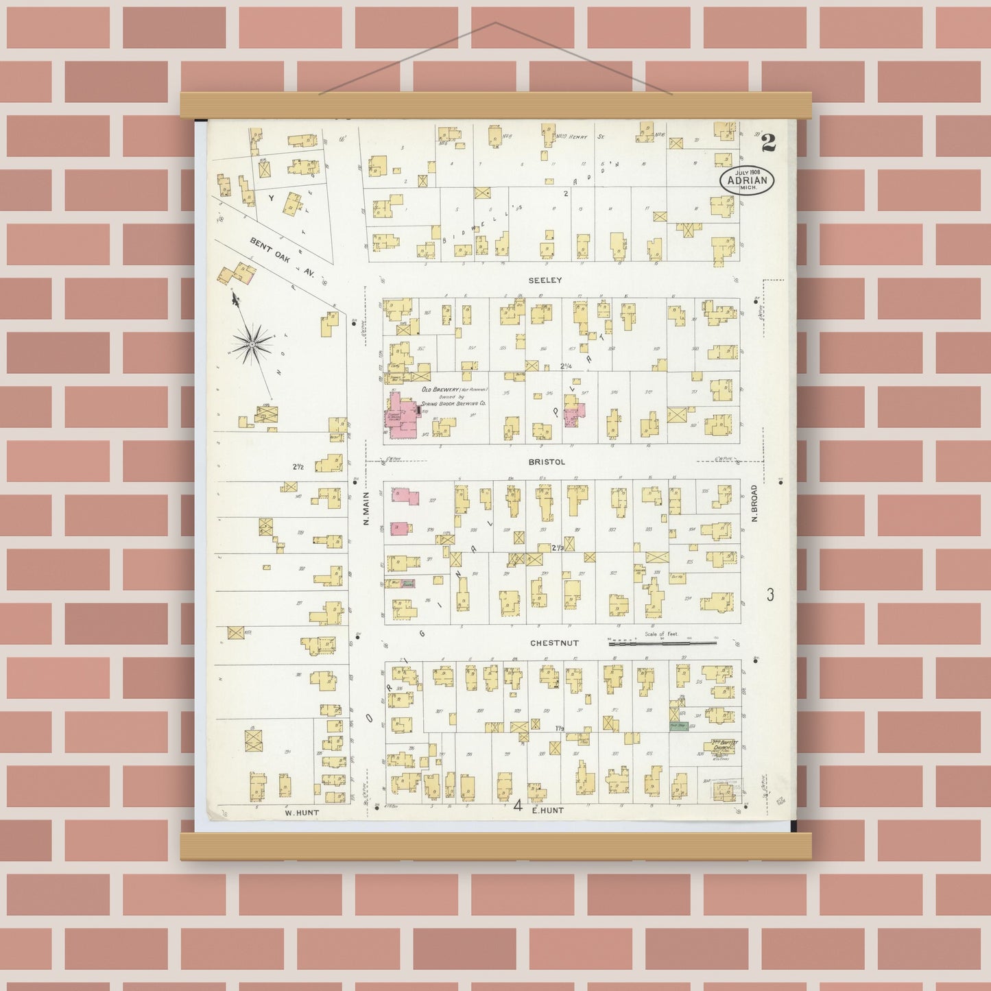 Old map wall art mockup — magnetic wood frame on brick wall — Sanborn Fire Insurance Map from Adrian, Lenawee County, Michigan (1908), Sheet #0002