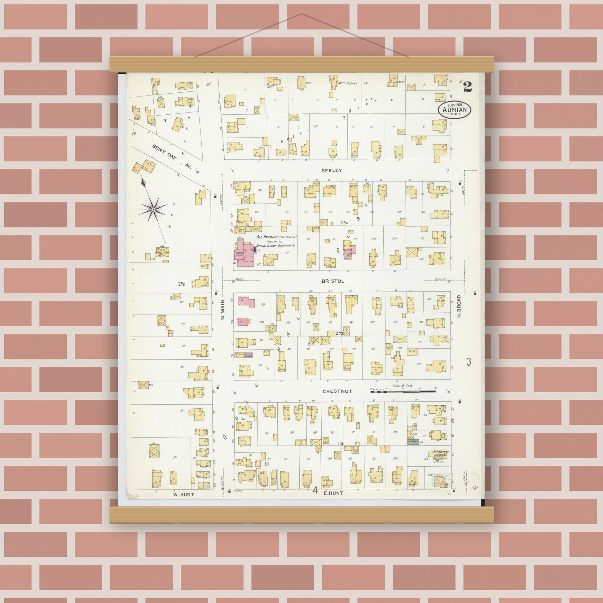 Old map wall art mockup — magnetic wood frame on brick wall — Sanborn Fire Insurance Map from Adrian, Lenawee County, Michigan (1908), Sheet #0002