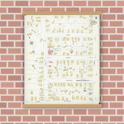 Old map wall art mockup — magnetic wood frame on brick wall — Sanborn Fire Insurance Map from Adrian, Lenawee County, Michigan (1908), Sheet #0002