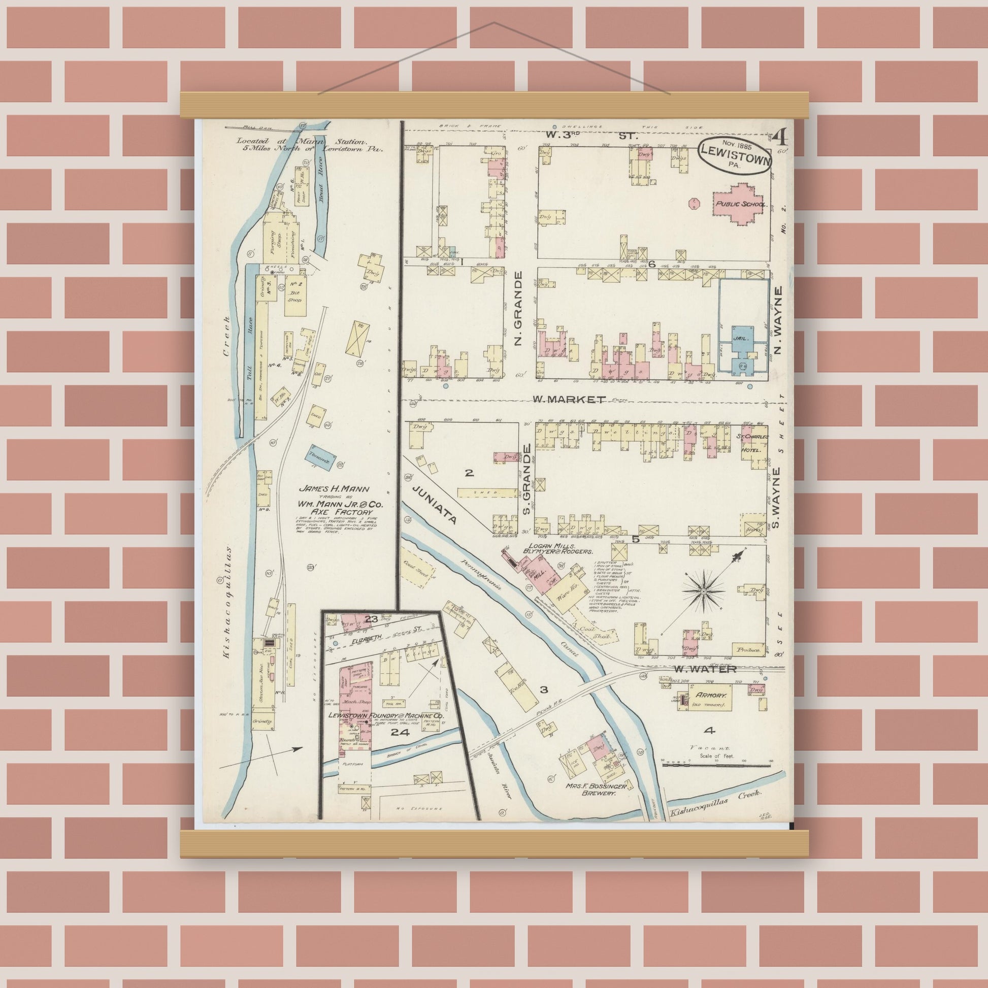 Old map wall art mockup — magnetic wood frame on brick wall — Sanborn Fire Insurance Map from Lewistown, Mifflin County, Pennsylvania (1885), Sheet #0004