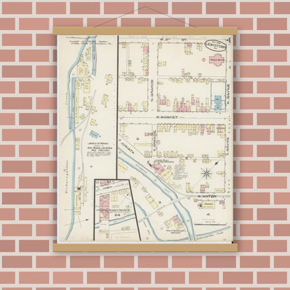 Old map wall art mockup — magnetic wood frame on brick wall — Sanborn Fire Insurance Map from Lewistown, Mifflin County, Pennsylvania (1885), Sheet #0004