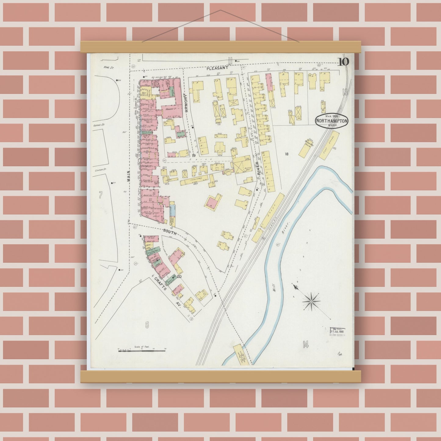 Old map wall art mockup — magnetic wood frame on brick wall — Sanborn Fire Insurance Map from Northampton, Hampshire County, Massachusetts (1895), Sheet #0010
