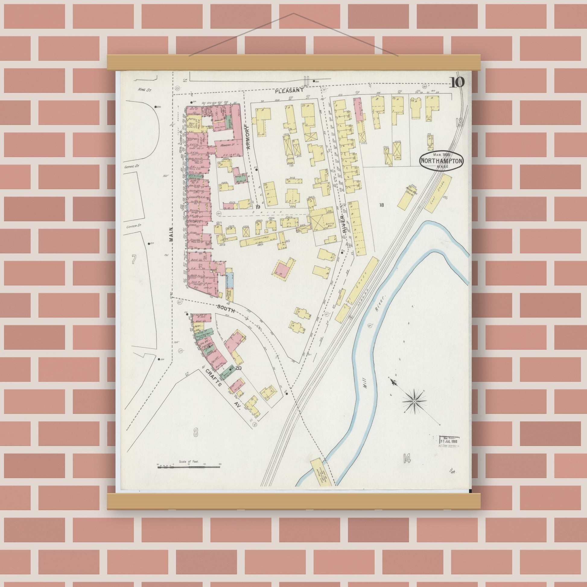 Old map wall art mockup — magnetic wood frame on brick wall — Sanborn Fire Insurance Map from Northampton, Hampshire County, Massachusetts (1895), Sheet #0010