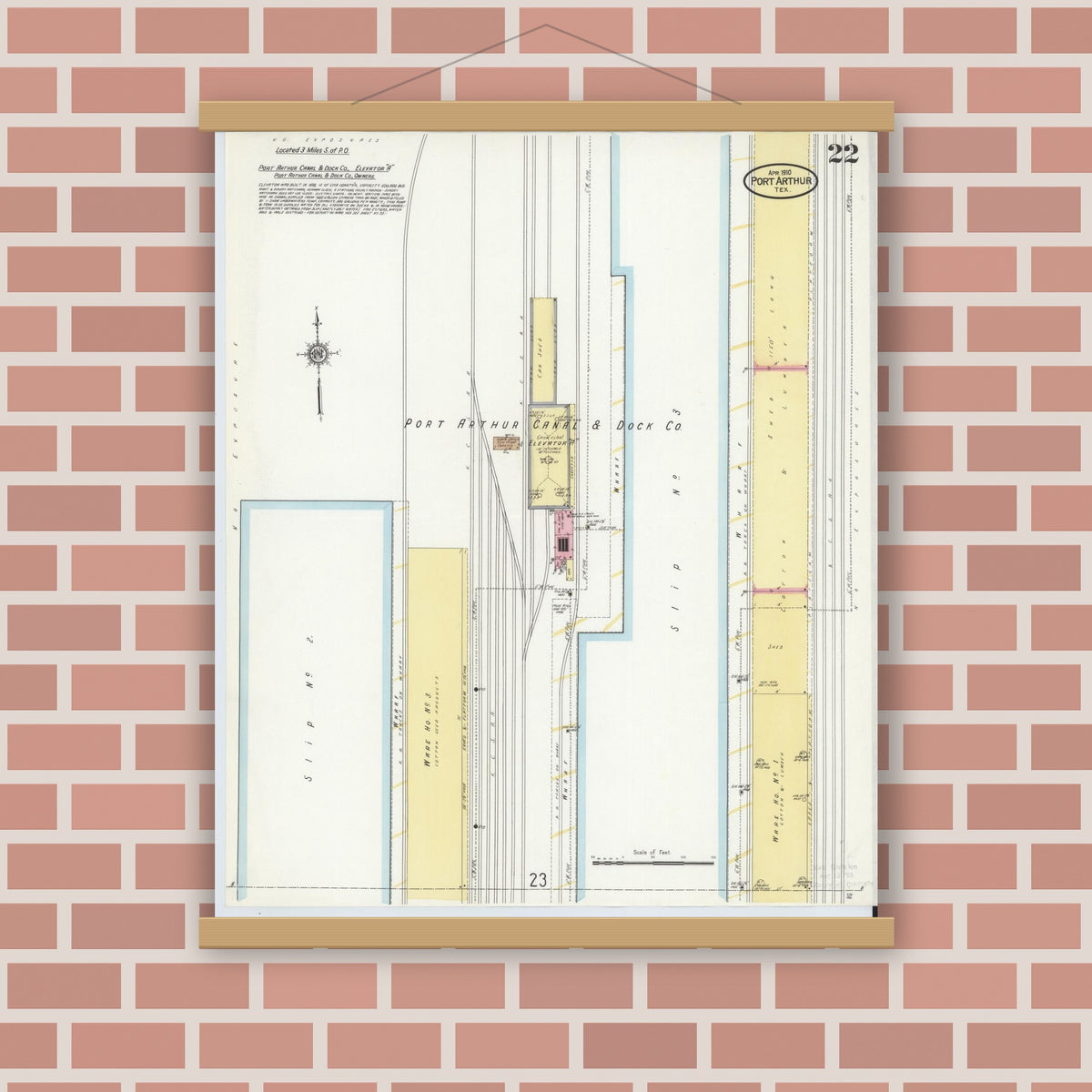 Old map wall art mockup — magnetic wood frame on brick wall — Sanborn Fire Insurance Map from Port Arthur, Jefferson County, Texas (1910), Sheet #0022