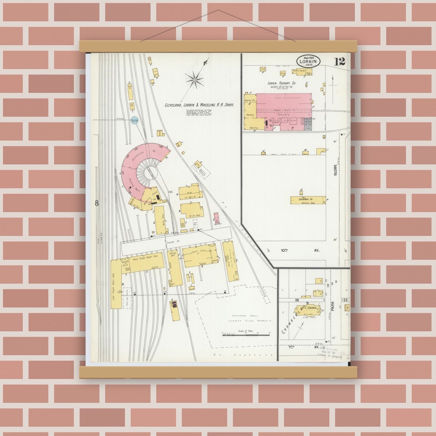 Old map wall art mockup — magnetic wood frame on brick wall — Sanborn Fire Insurance Map from Lorain, Lorain County, Ohio (1900), Sheet #0012