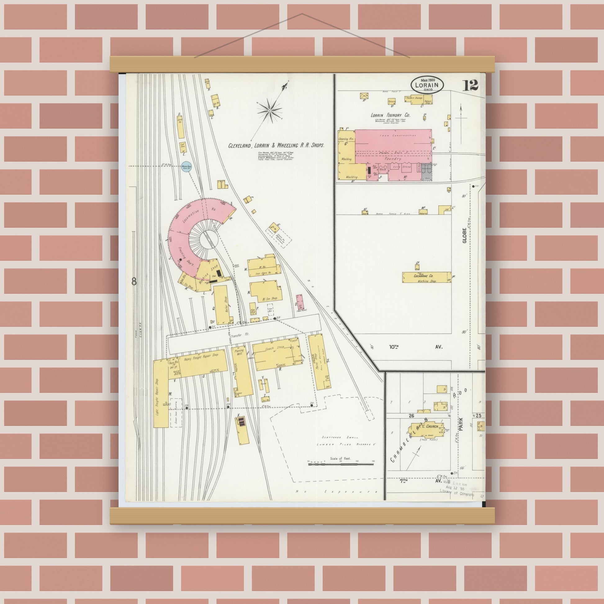 Old map wall art mockup — magnetic wood frame on brick wall — Sanborn Fire Insurance Map from Lorain, Lorain County, Ohio (1900), Sheet #0012