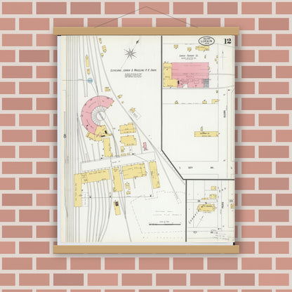 Old map wall art mockup — magnetic wood frame on brick wall — Sanborn Fire Insurance Map from Lorain, Lorain County, Ohio (1900), Sheet #0012