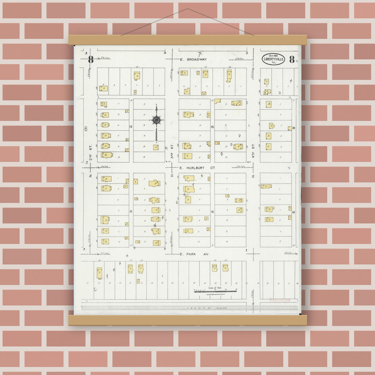 Old map wall art mockup — magnetic wood frame on brick wall — Sanborn Fire Insurance Map from Libertyville, Lake County, Illinois (1924), Sheet #0008