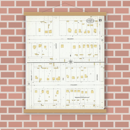 Old map wall art mockup — magnetic wood frame on brick wall — Sanborn Fire Insurance Map from San Angelo, Tom Green County, Texas (1904), Sheet #0013