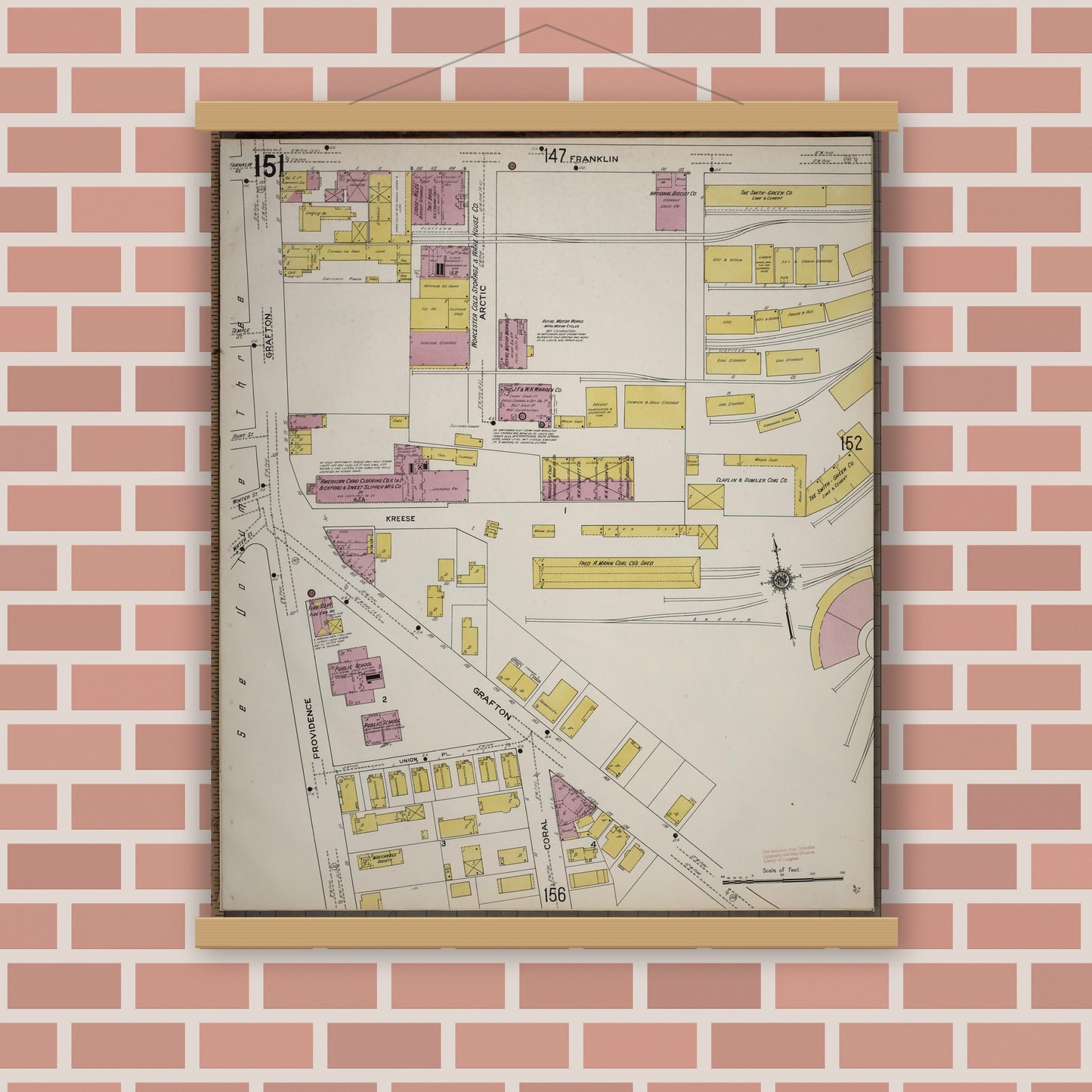 Old map wall art mockup — magnetic wood frame on brick wall — Sanborn Fire Insurance Map from Worcester, Worcester County, Massachusetts (1910), Sheet #0151