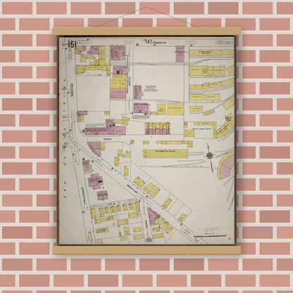 Old map wall art mockup — magnetic wood frame on brick wall — Sanborn Fire Insurance Map from Worcester, Worcester County, Massachusetts (1910), Sheet #0151