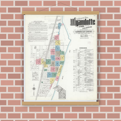Old map wall art mockup — magnetic wood frame on brick wall — Sanborn Fire Insurance Map from Wyandotte, Wayne County, Michigan (1912) - Complete Map Set