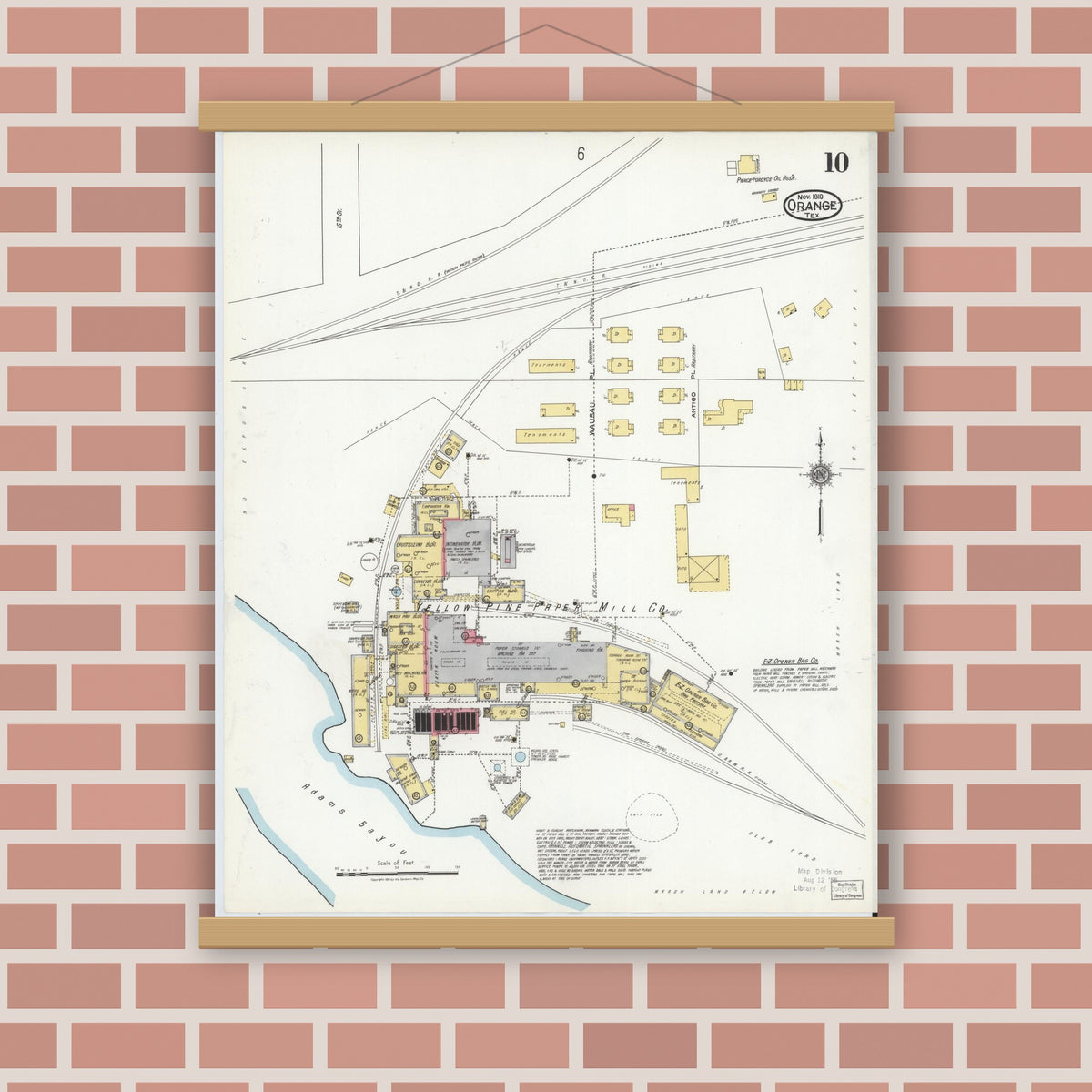 Old map wall art mockup — magnetic wood frame on brick wall — Sanborn Fire Insurance Map from Orange, Orange County, Texas (1919), Sheet #0010