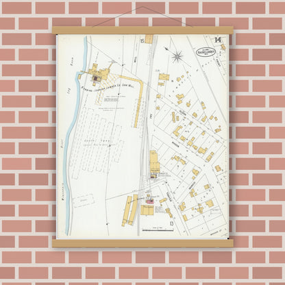 Old map wall art mockup — magnetic wood frame on brick wall — Sanborn Fire Insurance Map from Rhinelander, Oneida County, Wisconsin (1900), Sheet #0014