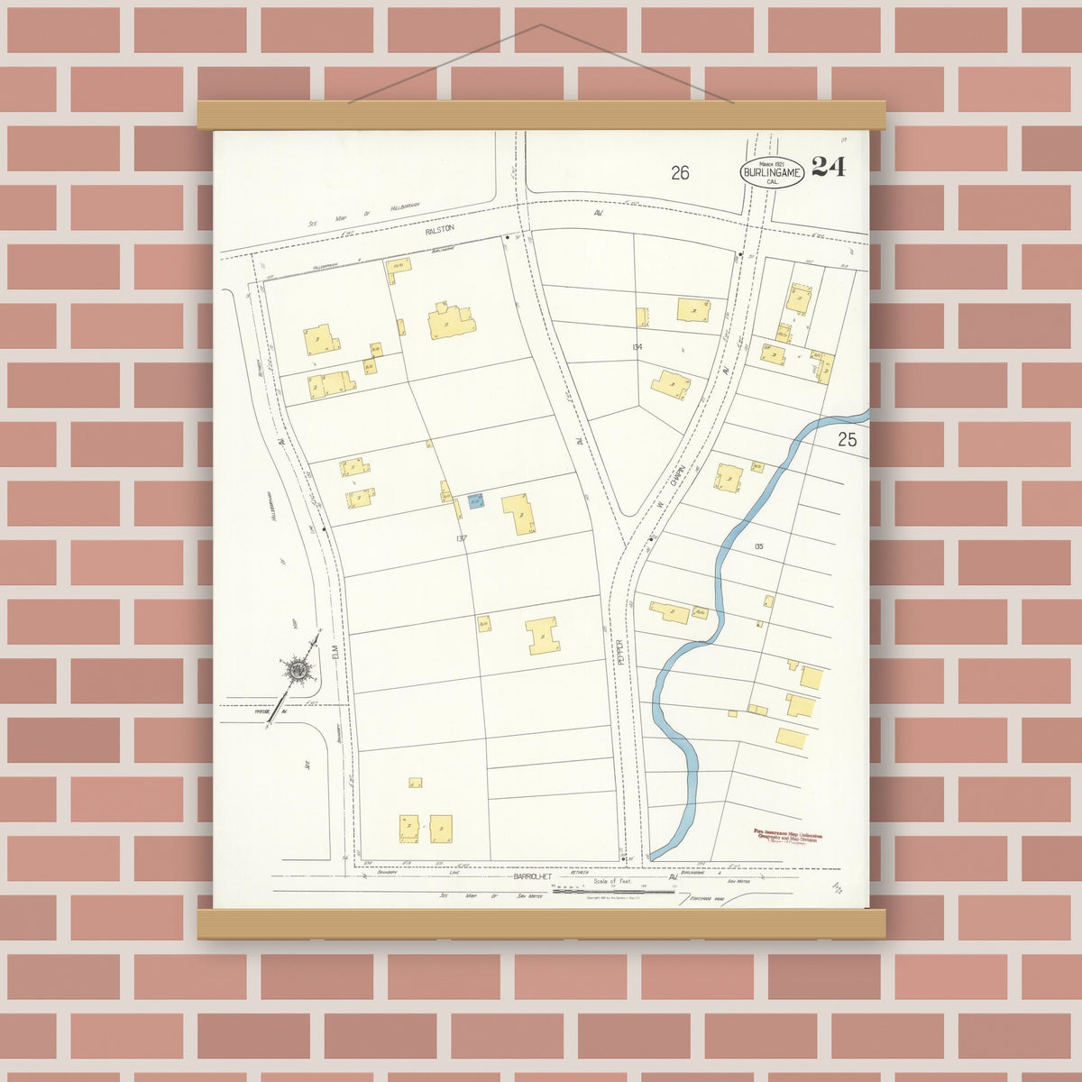 Old map wall art mockup — magnetic wood frame on brick wall — Sanborn Fire Insurance Map from Burlingame, San Mateo County, California (1921), Sheet #0024