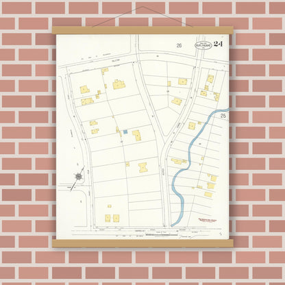Old map wall art mockup — magnetic wood frame on brick wall — Sanborn Fire Insurance Map from Burlingame, San Mateo County, California (1921), Sheet #0024