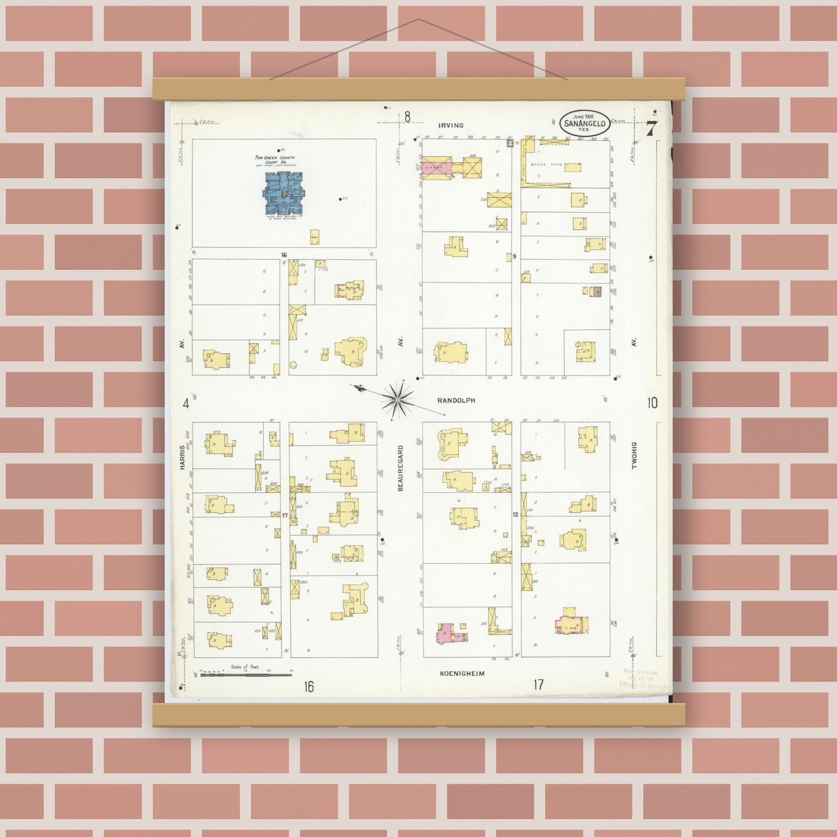 Old map wall art mockup — magnetic wood frame on brick wall — Sanborn Fire Insurance Map from San Angelo, Tom Green County, Texas (1908), Sheet #0007