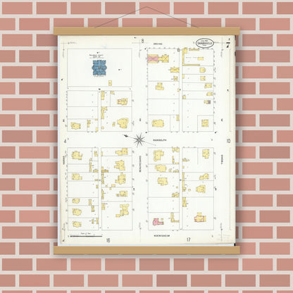 Old map wall art mockup — magnetic wood frame on brick wall — Sanborn Fire Insurance Map from San Angelo, Tom Green County, Texas (1908), Sheet #0007