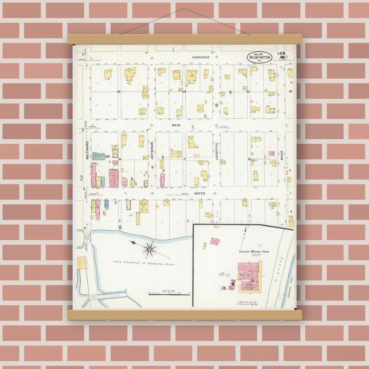 Old map wall art mockup — magnetic wood frame on brick wall — Sanborn Fire Insurance Map from Wilmington, Will County, Illinois (1907), Sheet #0002