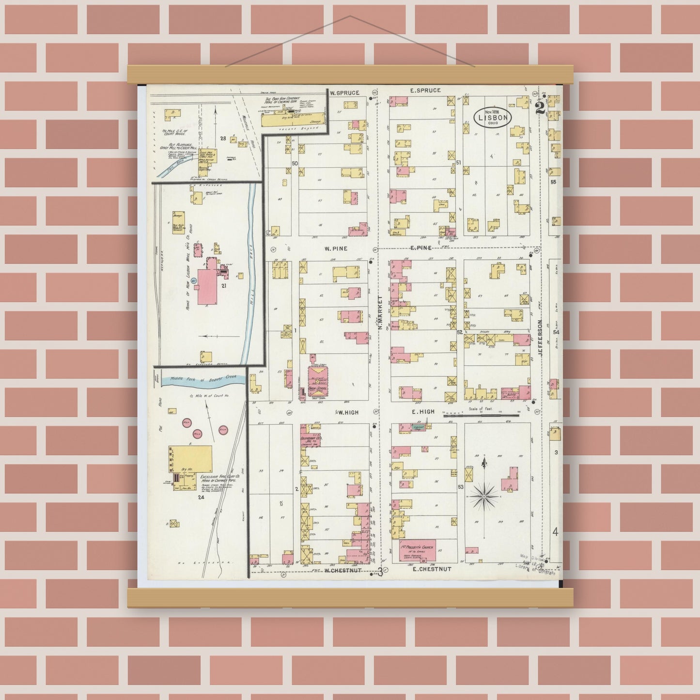 Old map wall art mockup — magnetic wood frame on brick wall — Sanborn Fire Insurance Map from Lisbon, Columbiana County, Ohio (1898), Sheet #0002