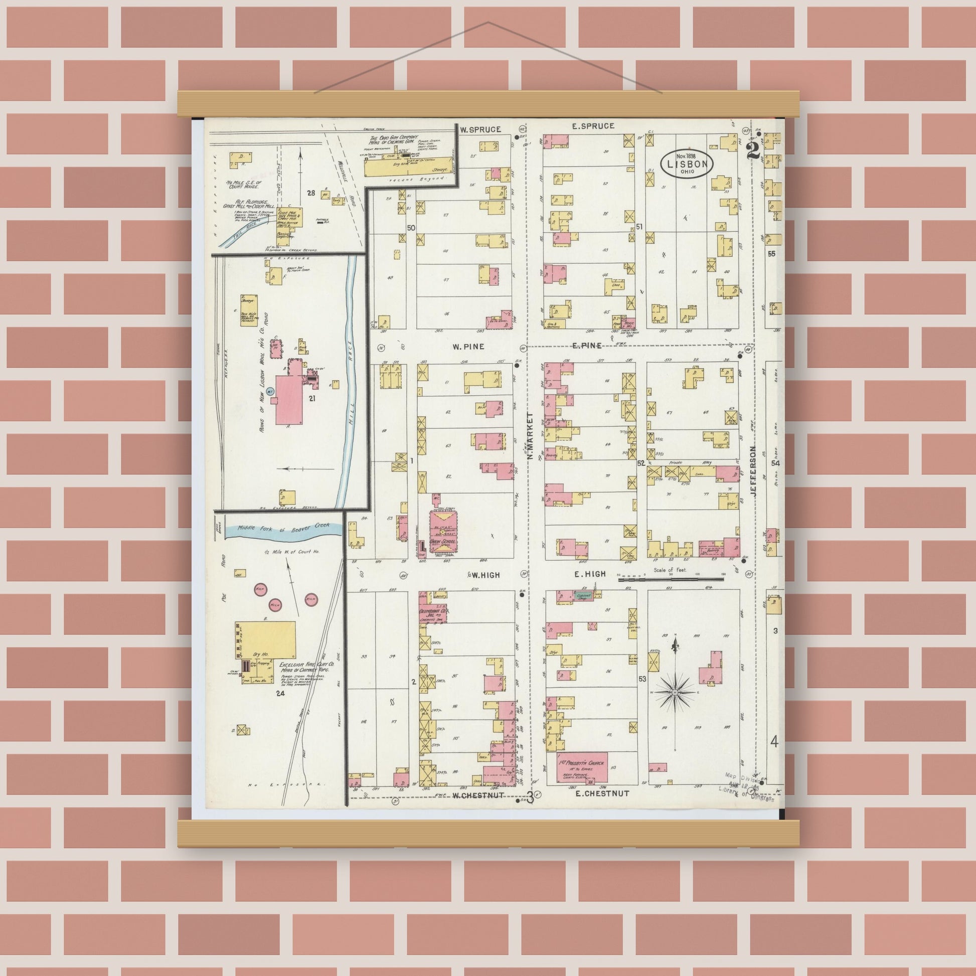 Old map wall art mockup — magnetic wood frame on brick wall — Sanborn Fire Insurance Map from Lisbon, Columbiana County, Ohio (1898), Sheet #0002