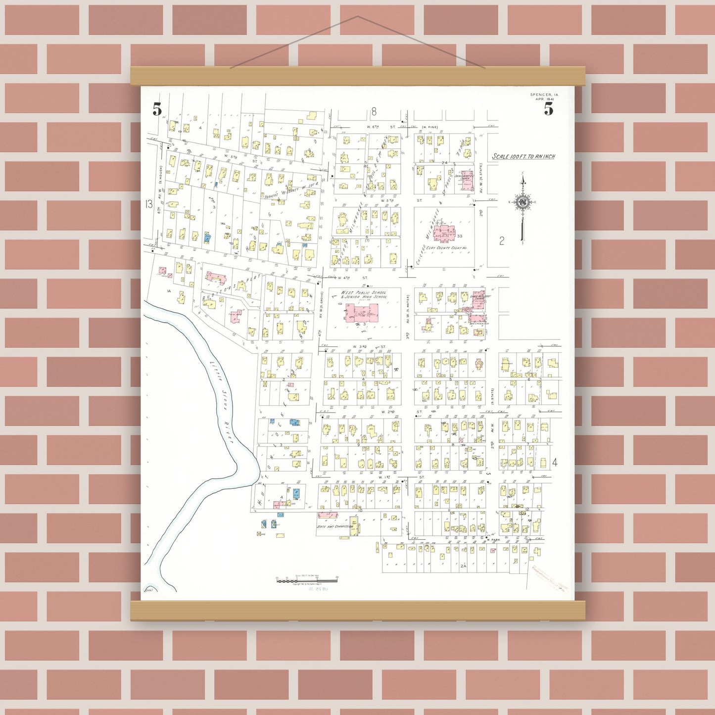 Old map wall art mockup — magnetic wood frame on brick wall — Sanborn Fire Insurance Map from Spencer, Clay County, Iowa (1941), Sheet #0005