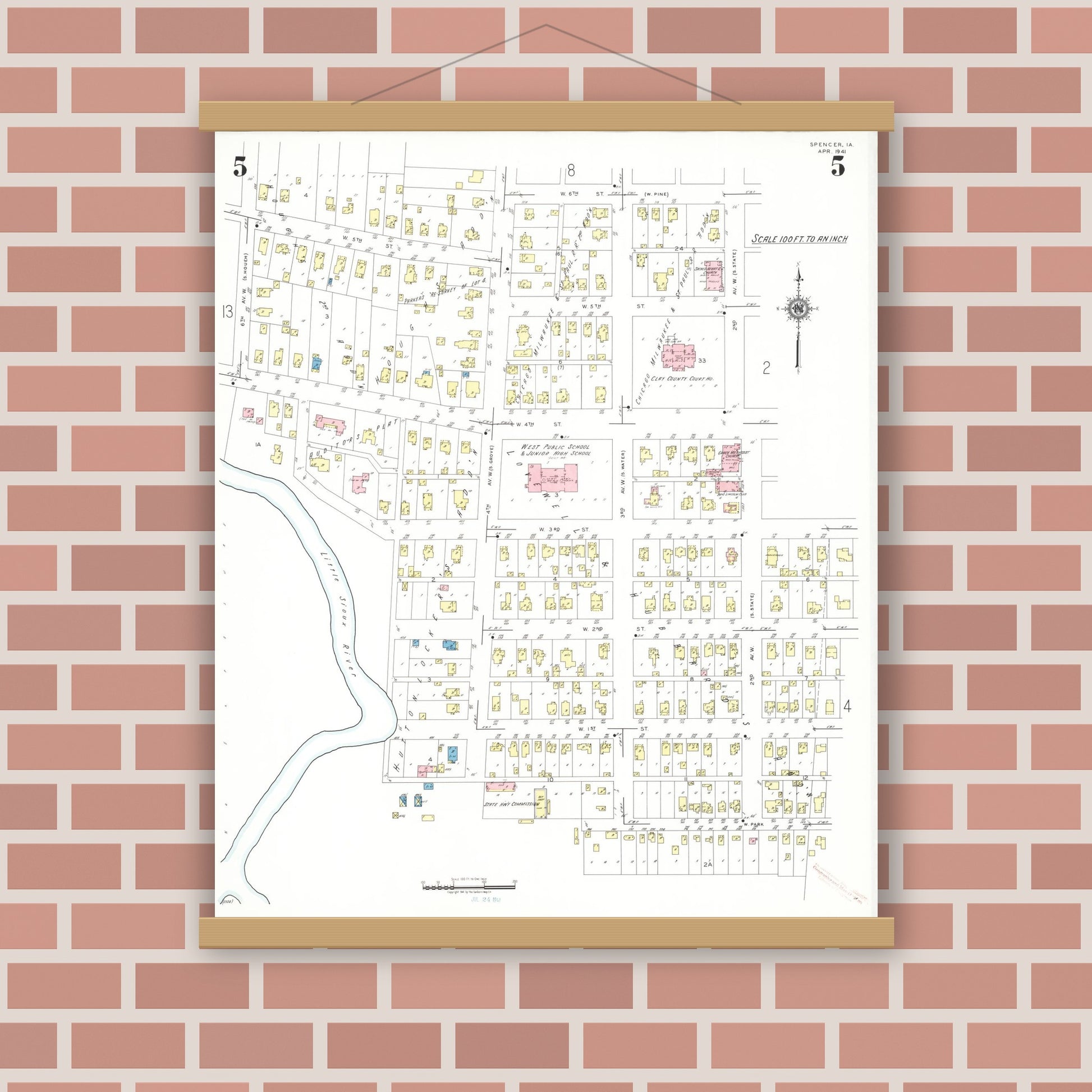 Old map wall art mockup — magnetic wood frame on brick wall — Sanborn Fire Insurance Map from Spencer, Clay County, Iowa (1941), Sheet #0005