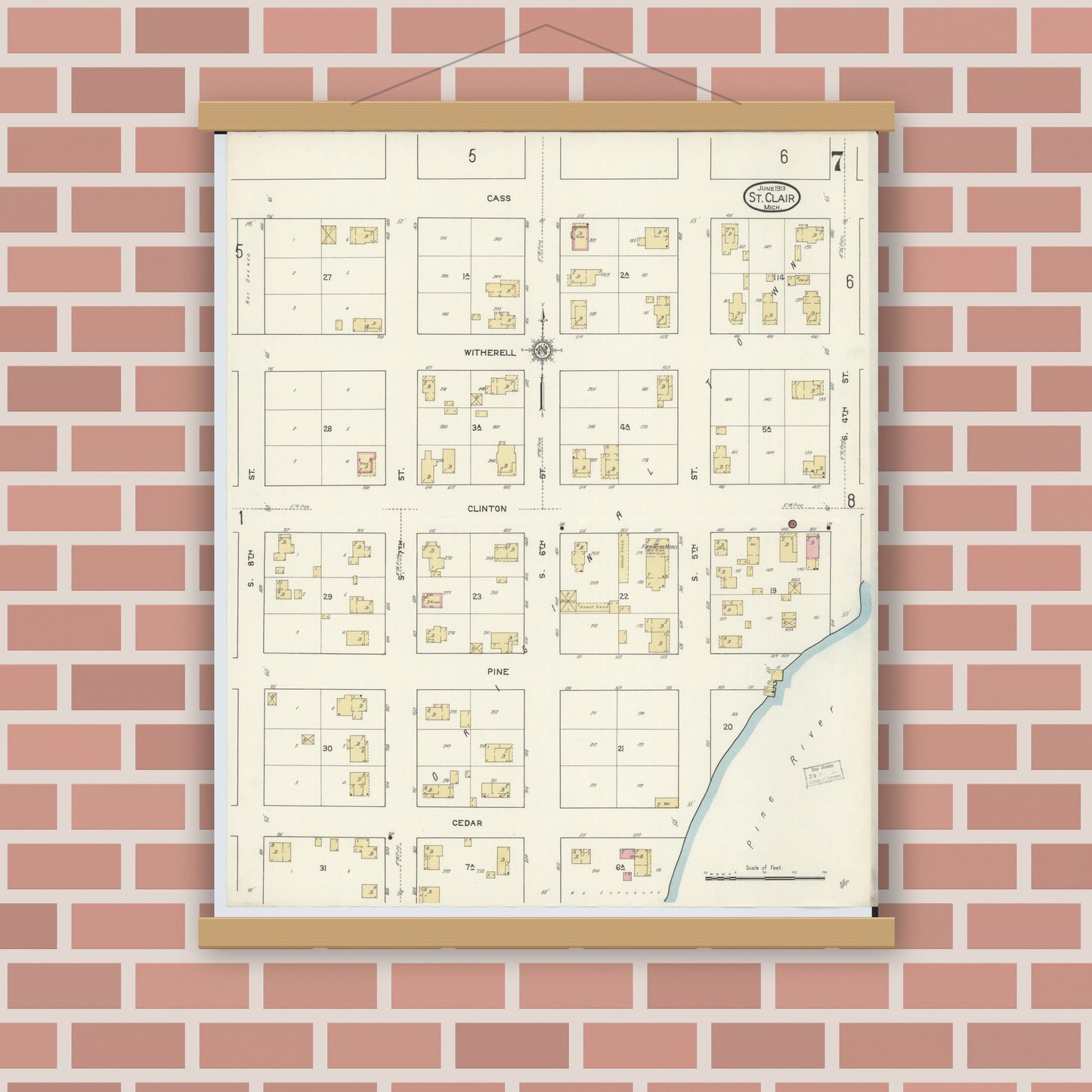 Old map wall art mockup — magnetic wood frame on brick wall — Sanborn Fire Insurance Map from Saint Clair, Saint Clair County, Michigan (1913), Sheet #0007