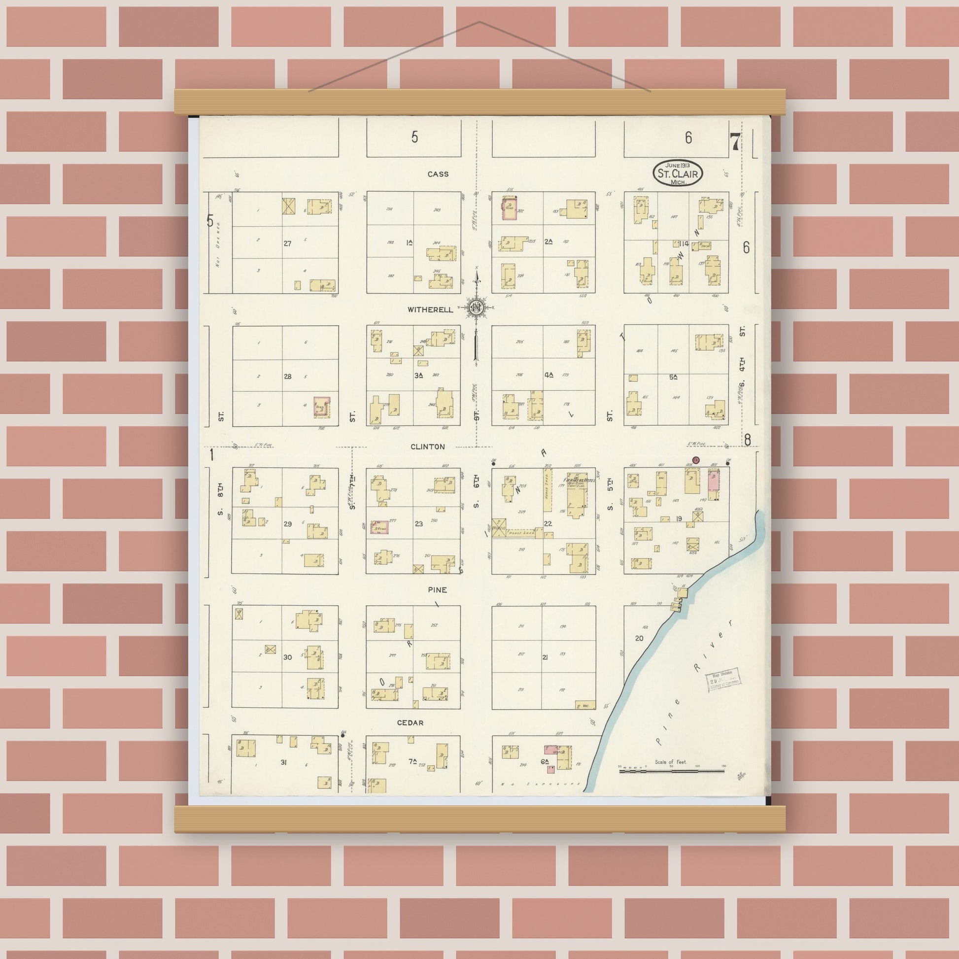 Old map wall art mockup — magnetic wood frame on brick wall — Sanborn Fire Insurance Map from Saint Clair, Saint Clair County, Michigan (1913), Sheet #0007