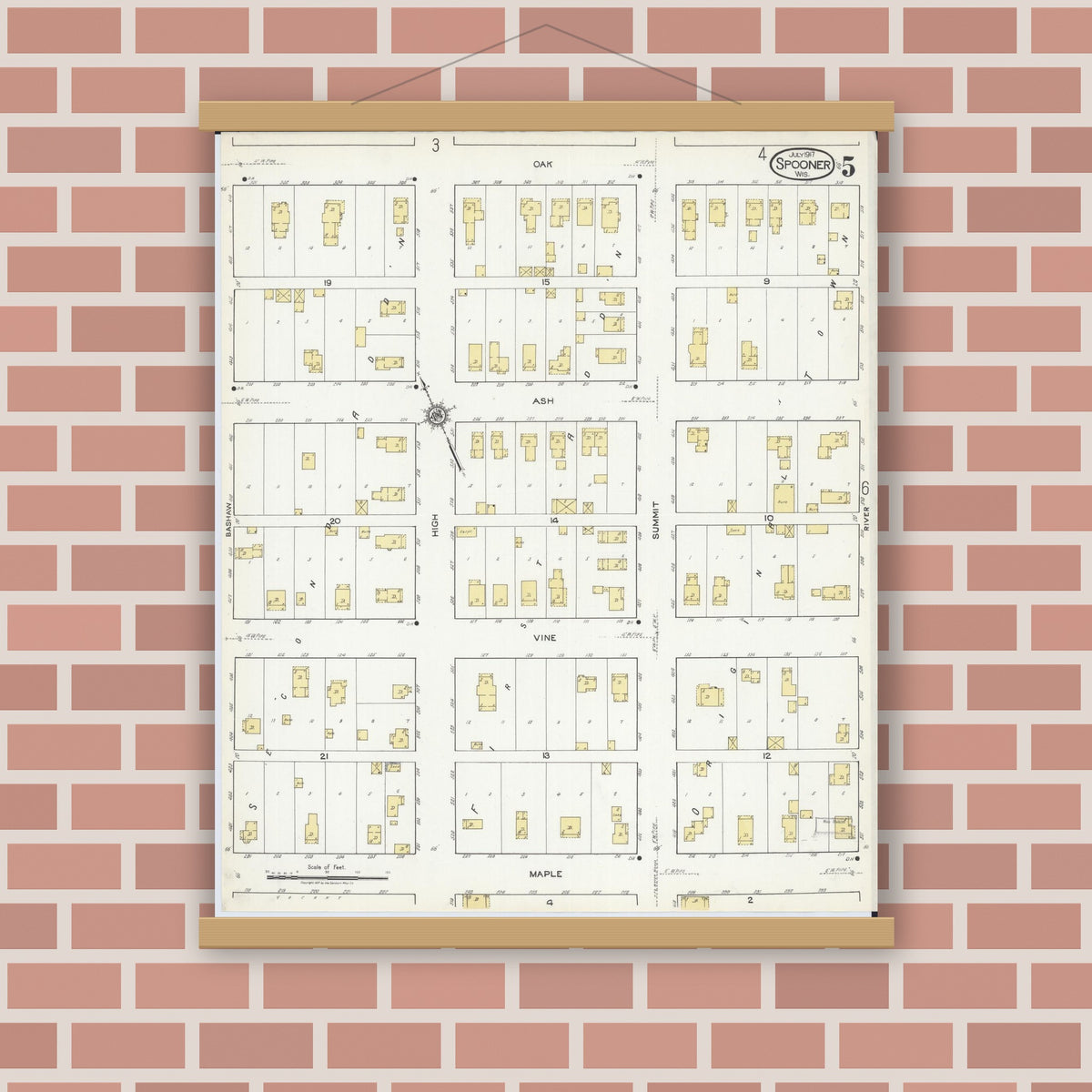 Old map wall art mockup — magnetic wood frame on brick wall — Sanborn Fire Insurance Map from Spooner, Washburn County, Wisconsin (1917), Sheet #0005