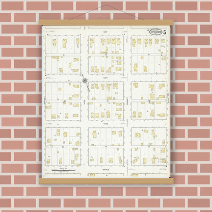 Old map wall art mockup — magnetic wood frame on brick wall — Sanborn Fire Insurance Map from Spooner, Washburn County, Wisconsin (1917), Sheet #0005