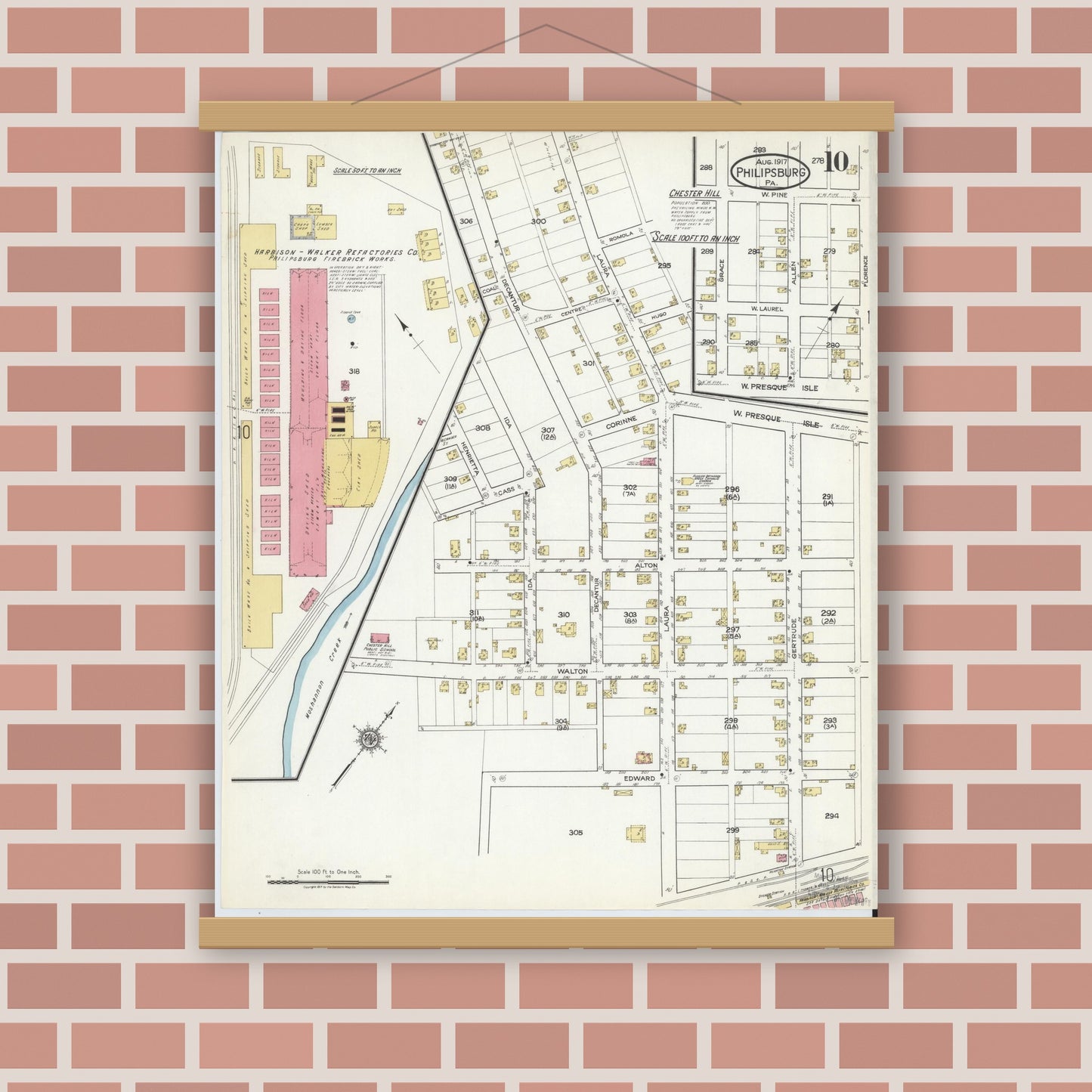 Old map wall art mockup — magnetic wood frame on brick wall — Sanborn Fire Insurance Map from Philipsburg, Centre County, Pennsylvania (1917), Sheet #0010