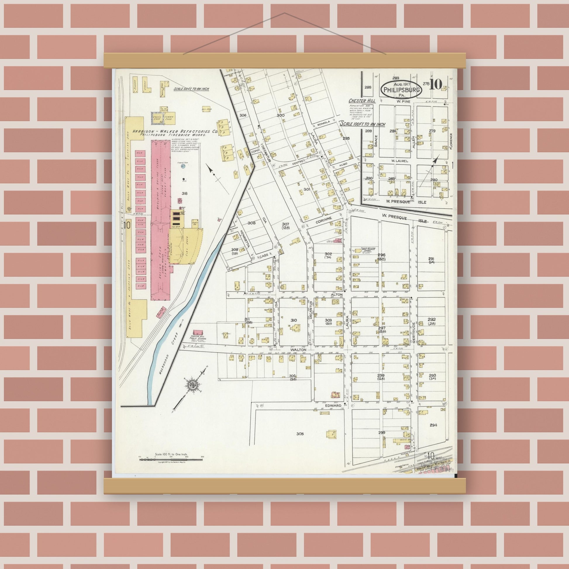 Old map wall art mockup — magnetic wood frame on brick wall — Sanborn Fire Insurance Map from Philipsburg, Centre County, Pennsylvania (1917), Sheet #0010
