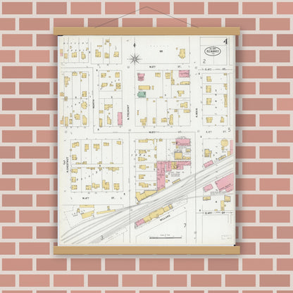 Old map wall art mockup — magnetic wood frame on brick wall — Sanborn Fire Insurance Map from Kewanee, Henry County, Illinois (1899), Sheet #0004