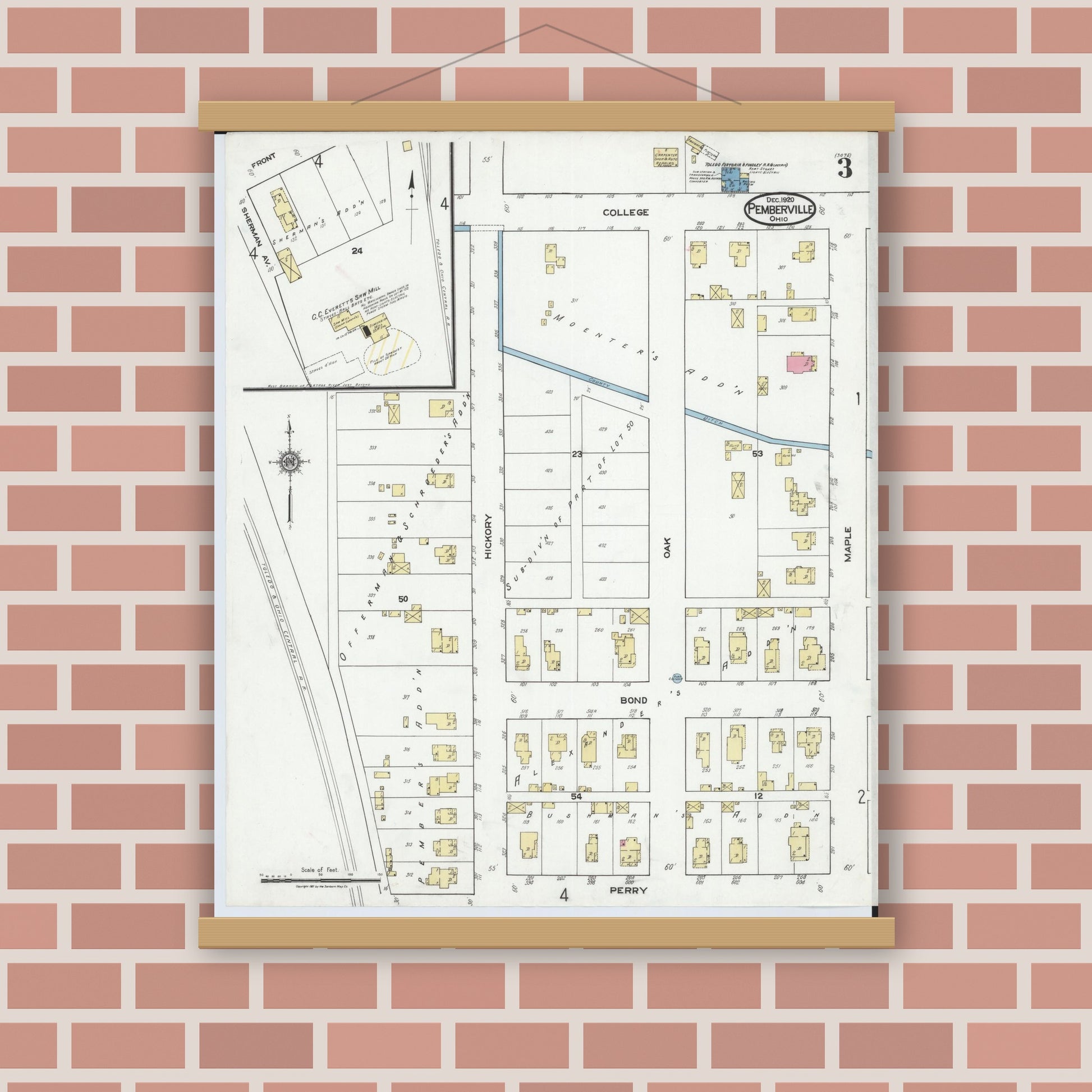 Old map wall art mockup — magnetic wood frame on brick wall — Sanborn Fire Insurance Map from Pemberville, Wood County, Ohio (1920), Sheet #0003