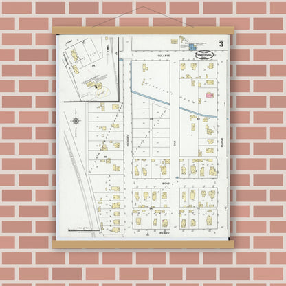 Old map wall art mockup — magnetic wood frame on brick wall — Sanborn Fire Insurance Map from Pemberville, Wood County, Ohio (1920), Sheet #0003