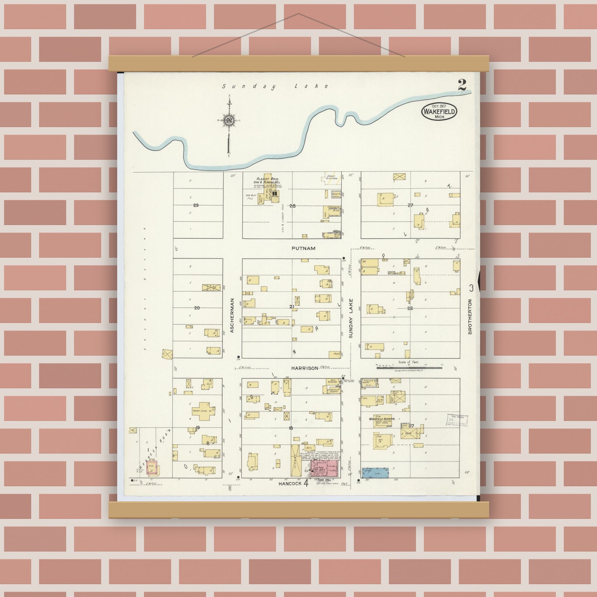 Old map wall art mockup — magnetic wood frame on brick wall — Sanborn Fire Insurance Map from Wakefield, Gogebic County, Michigan (1917), Sheet #0002