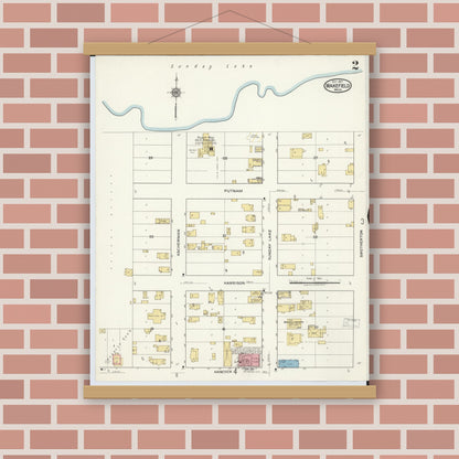 Old map wall art mockup — magnetic wood frame on brick wall — Sanborn Fire Insurance Map from Wakefield, Gogebic County, Michigan (1917), Sheet #0002