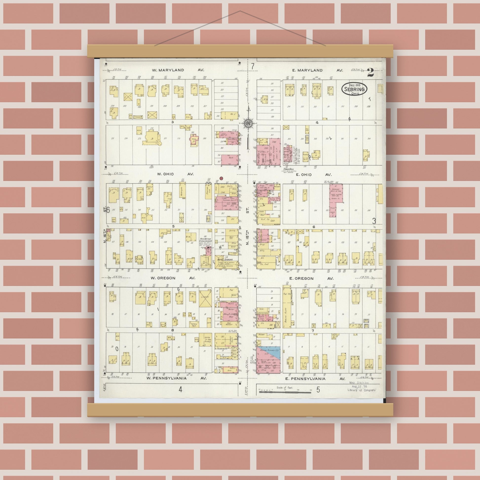 Old map wall art mockup — magnetic wood frame on brick wall — Sanborn Fire Insurance Map from Sebring, Mahoning County, Ohio (1915), Sheet #0002