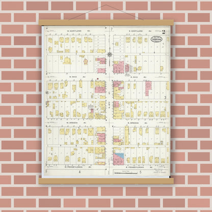 Old map wall art mockup — magnetic wood frame on brick wall — Sanborn Fire Insurance Map from Sebring, Mahoning County, Ohio (1915), Sheet #0002