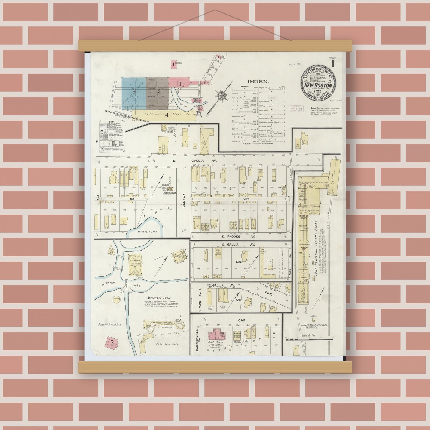 Old map wall art mockup — magnetic wood frame on brick wall — Sanborn Fire Insurance Map from New Boston, Scioto County, Ohio (1911), Sheet #0001