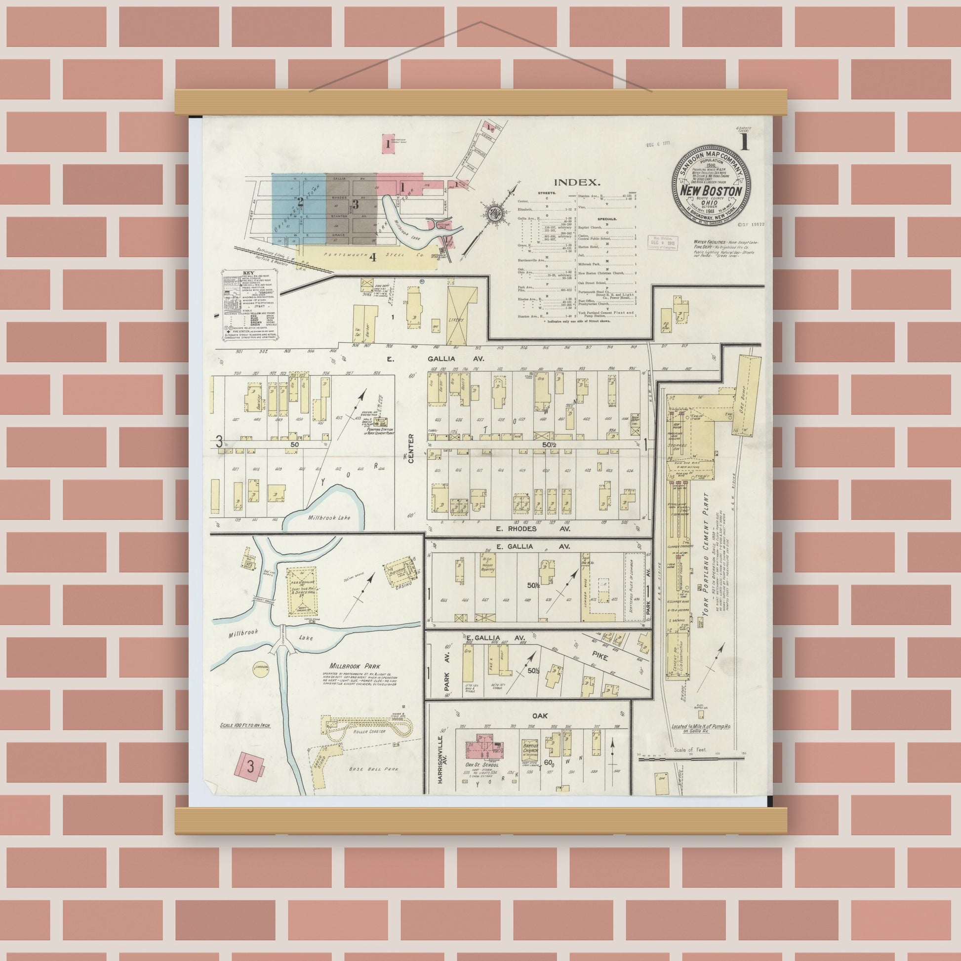 Old map wall art mockup — magnetic wood frame on brick wall — Sanborn Fire Insurance Map from New Boston, Scioto County, Ohio (1911), Sheet #0001