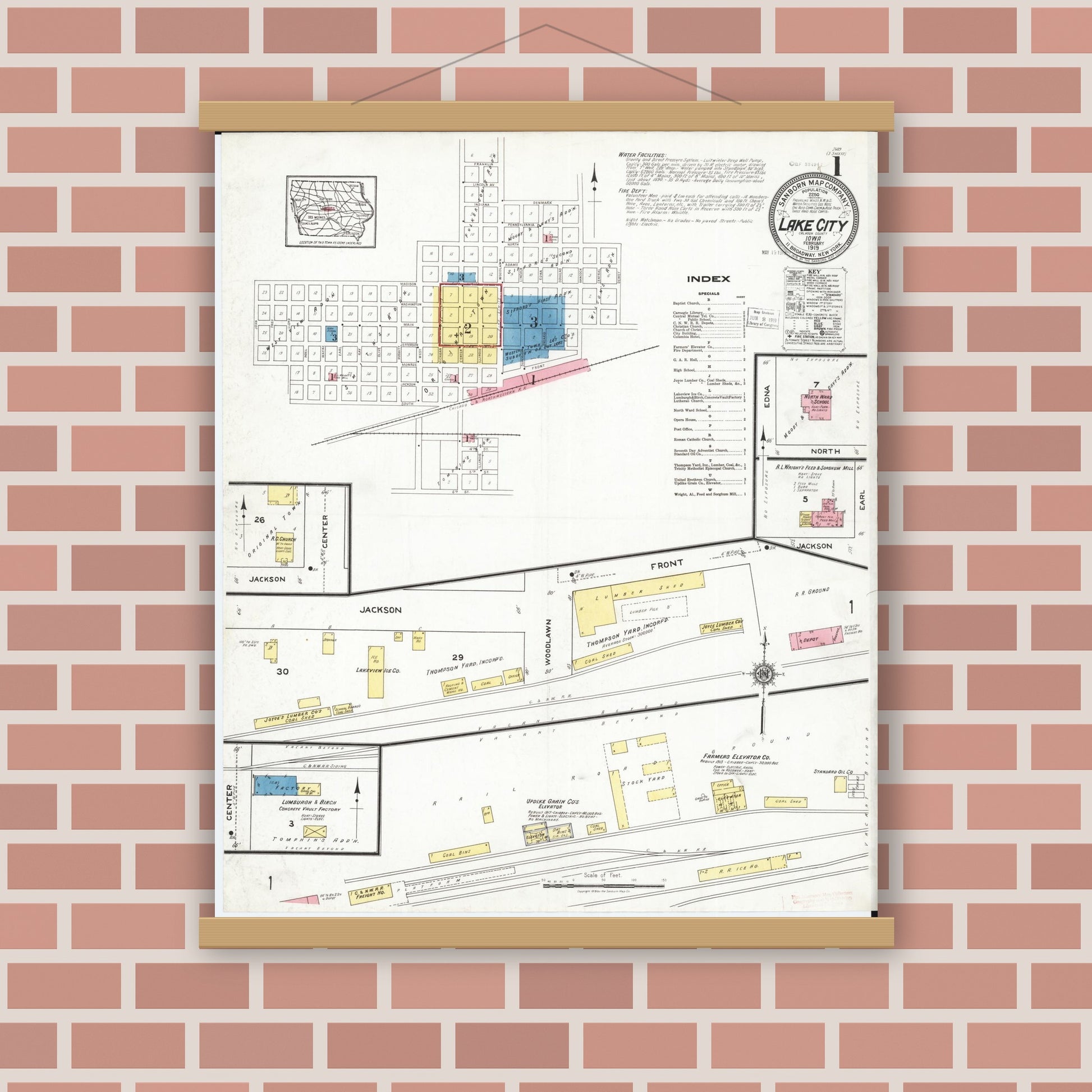 Old map wall art mockup — magnetic wood frame on brick wall — Sanborn Fire Insurance Map from Lake City, Calhoun County, Iowa (1919) â€” Complete Set