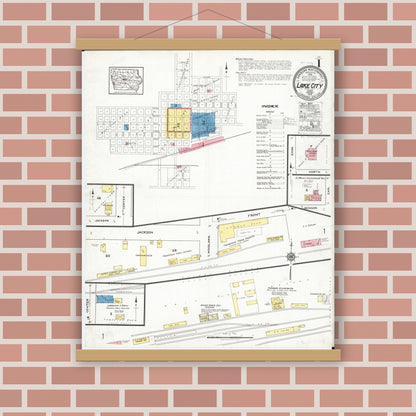 Old map wall art mockup — magnetic wood frame on brick wall — Sanborn Fire Insurance Map from Lake City, Calhoun County, Iowa (1919) â€” Complete Set