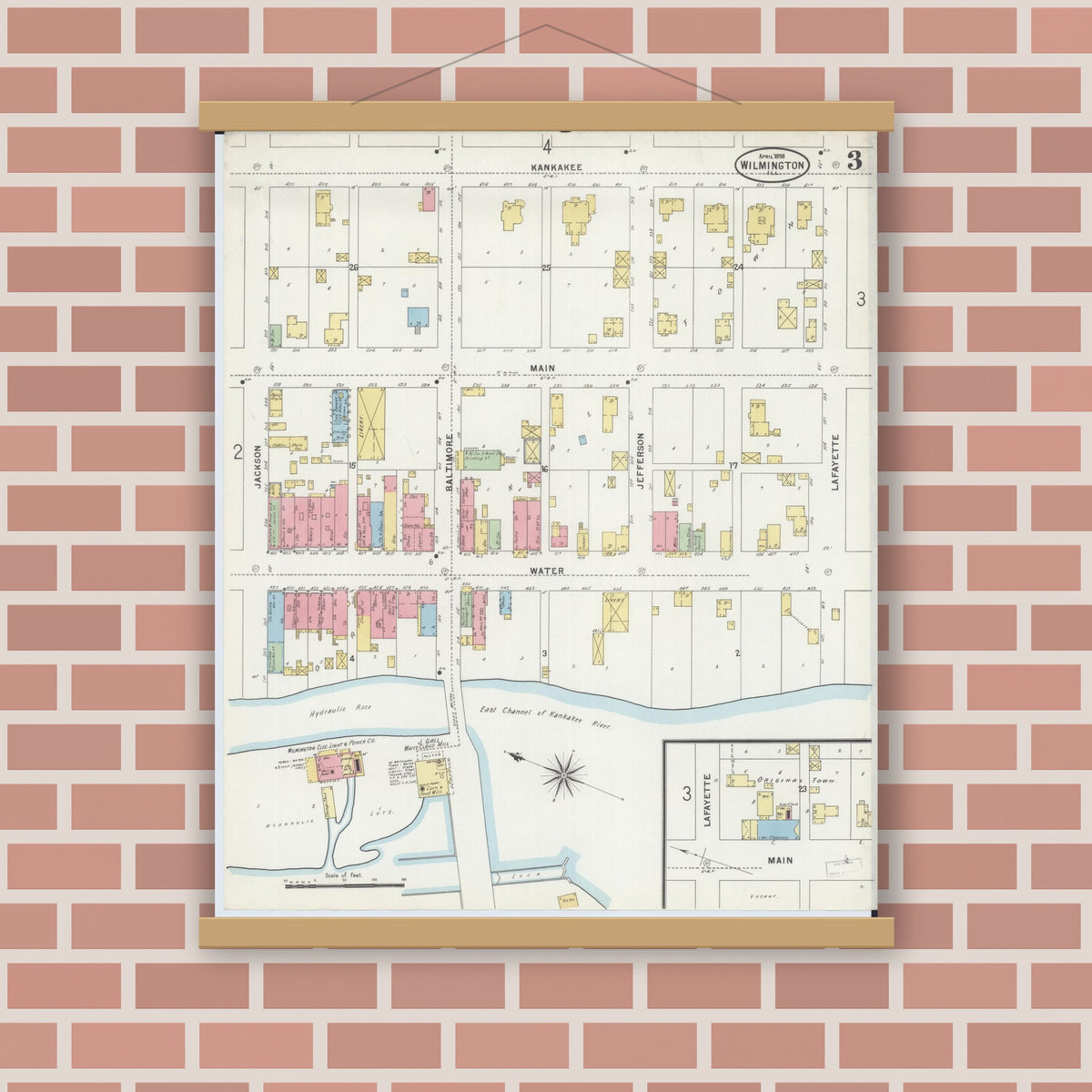 Old map wall art mockup — magnetic wood frame on brick wall — Sanborn Fire Insurance Map from Wilmington, Will County, Illinois (1898), Sheet #0003