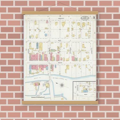 Old map wall art mockup — magnetic wood frame on brick wall — Sanborn Fire Insurance Map from Wilmington, Will County, Illinois (1898), Sheet #0003