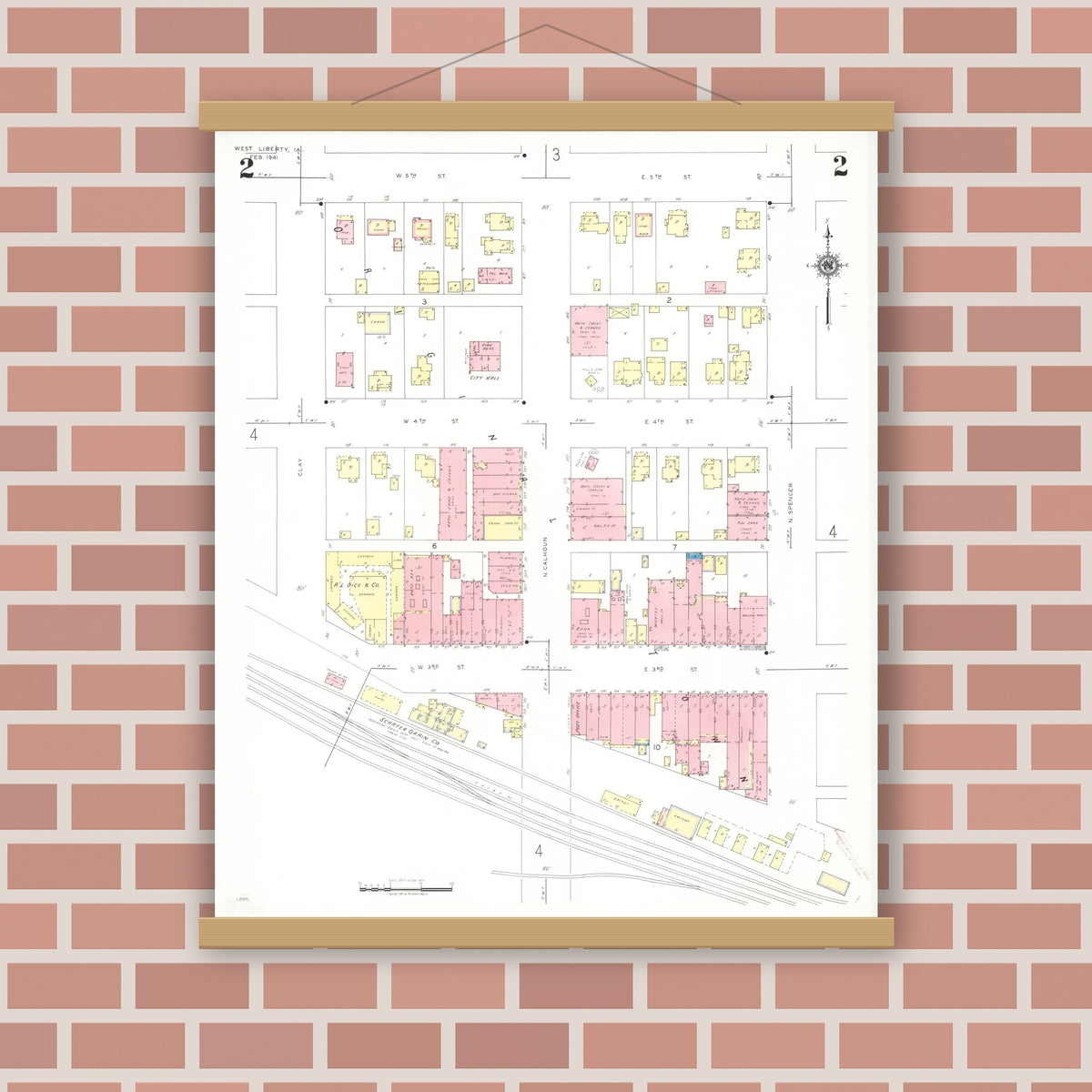 Old map wall art mockup — magnetic wood frame on brick wall — Sanborn Fire Insurance Map from West Liberty, Muscatine County, Iowa (1941), Sheet #0002